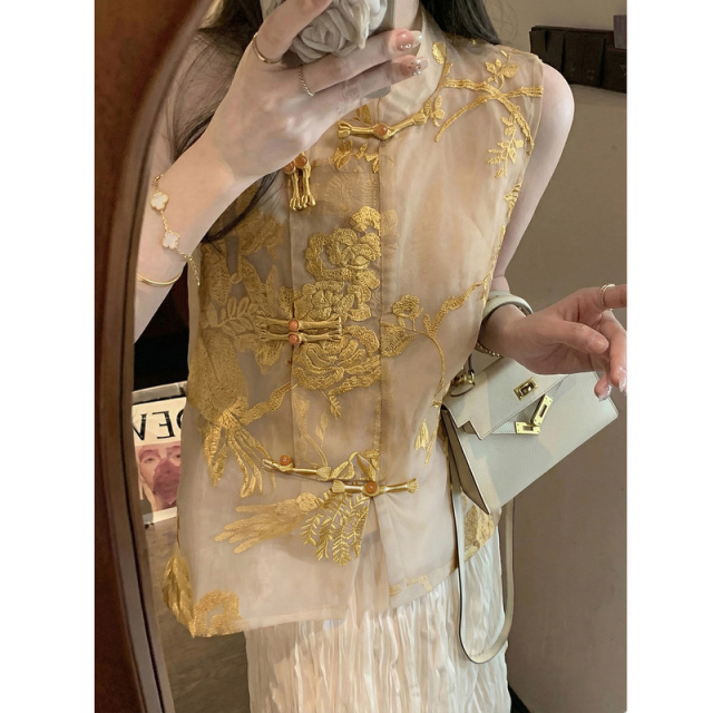 13415391.【锦瑟年华】夏季国风新中式立领盘扣欧根纱刺绣盘扣显瘦女式马甲