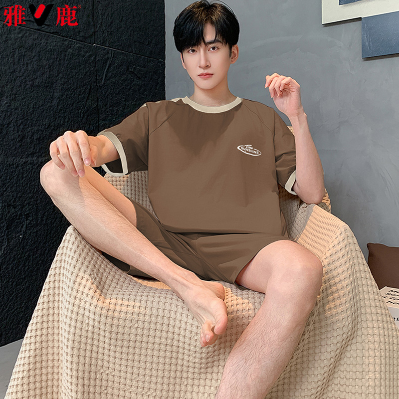 13418676.雅鹿男士纯棉睡衣夏季短袖短裤年新款可外穿休闲家居服套装QH2565