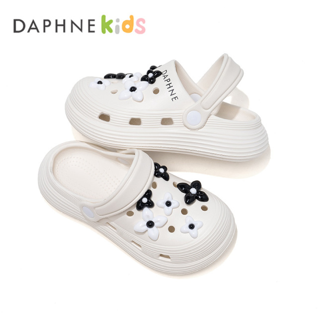 13415841.DAPHNE Kids达芙妮童鞋洞洞鞋卡洛驰花朵反转黑白鞋花夏季外穿沙滩鞋包头凉拖鞋