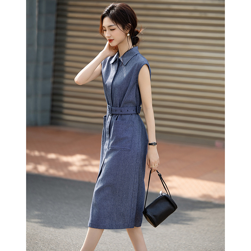 13415487.【含亚麻棉】夏季都市通勤翻领盖袖宽松显瘦小个子连衣裙女高级感