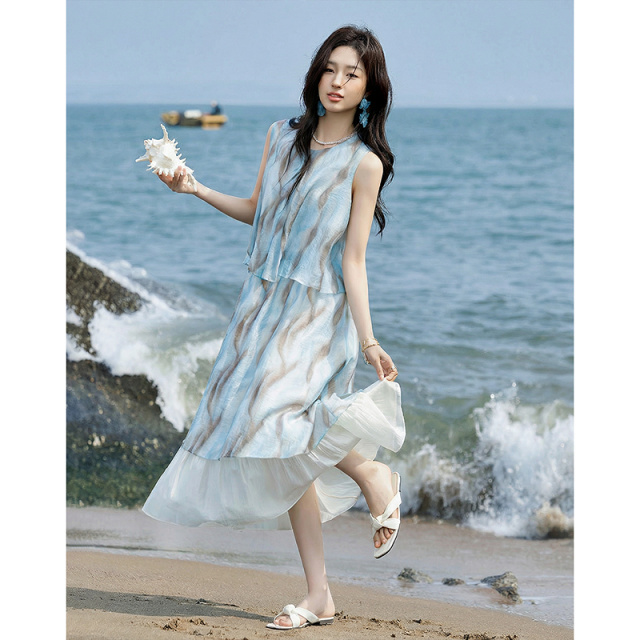 13414787.【爽滑莱赛尔】夏季都市优雅感水墨印花两节式显瘦连衣裙女高级感