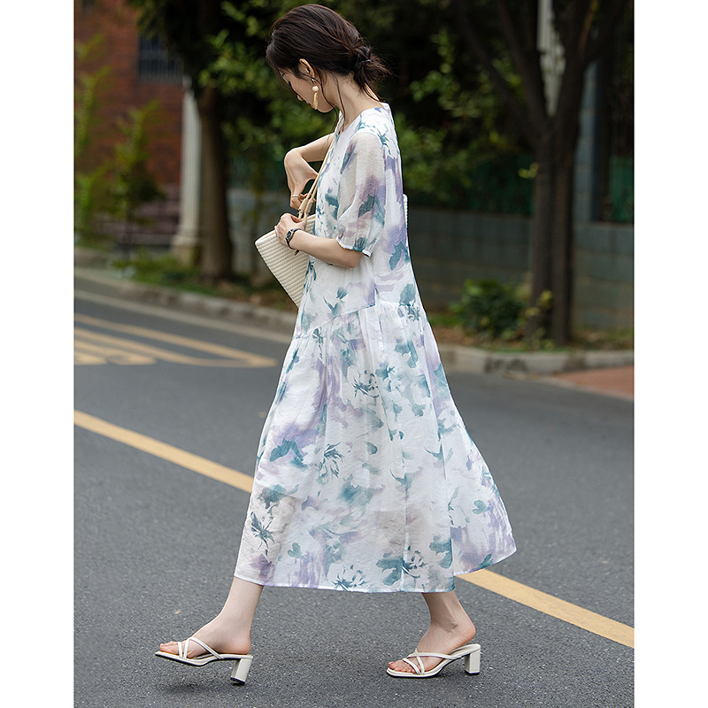 13414813.【清爽莱赛尔】夏季浪漫风印花不规则拼接大摆显瘦连衣裙女高级感