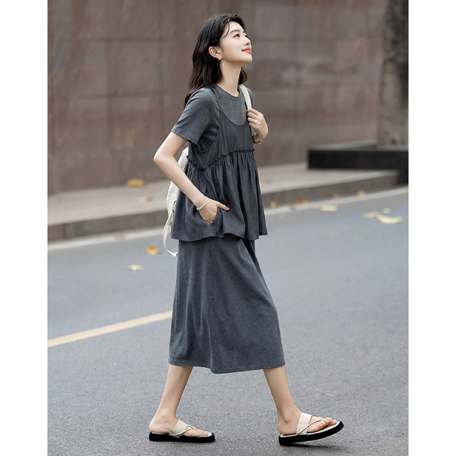 13414896.【凉感黑科技索罗娜】夏季假两件吊带圆领A字显瘦连衣裙女高级感