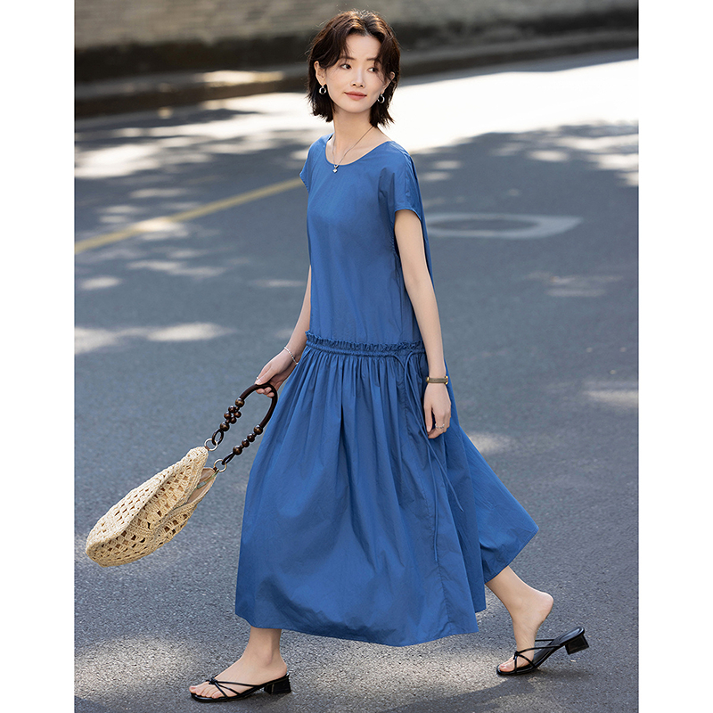 13415496.【清新纯棉】夏季简约风圆领无袖盖袖褶裥拼接A摆显瘦女式连衣裙