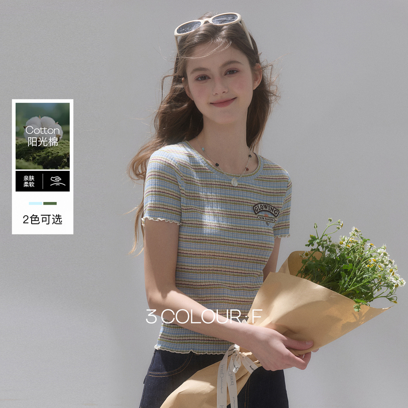 13411901.三彩2026夏季新款复古条纹圆领短袖T恤短款修身套头小个子上衣F