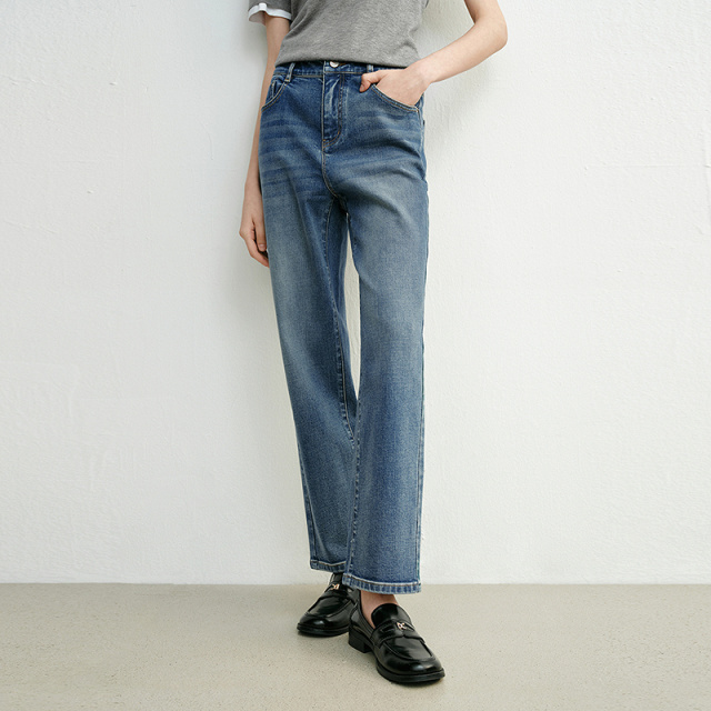 13419678.迪赛尼斯 锥形高腰弹力九分裤复古水洗牛仔裤