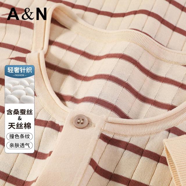 13423986.【桑蚕丝&天丝棉】轻奢夏季透气针织短袖T恤男时尚条纹圆领半袖