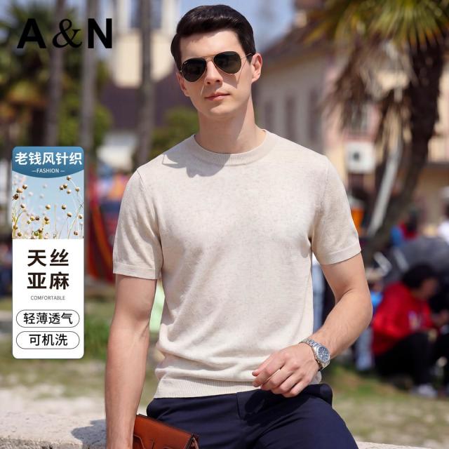 13424010.【天丝+亚麻】老钱风夏季轻薄透气男针织短袖T恤可机洗圆领上衣