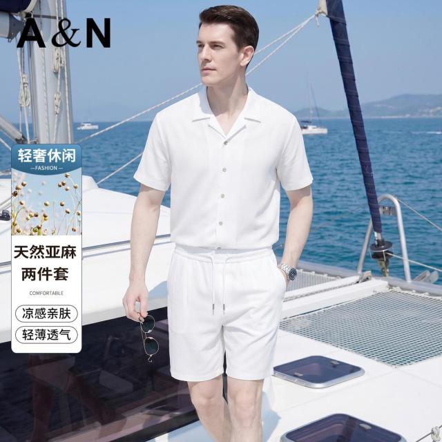 13424013.【天然亚麻两件套】轻奢休闲风夏季凉感亲肤透气舒适男式休闲套装