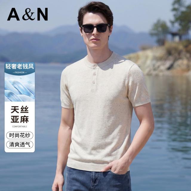 13424003.【天丝+亚麻】轻奢老钱风夏季时尚花纱短袖T恤男百搭半袖针织衫