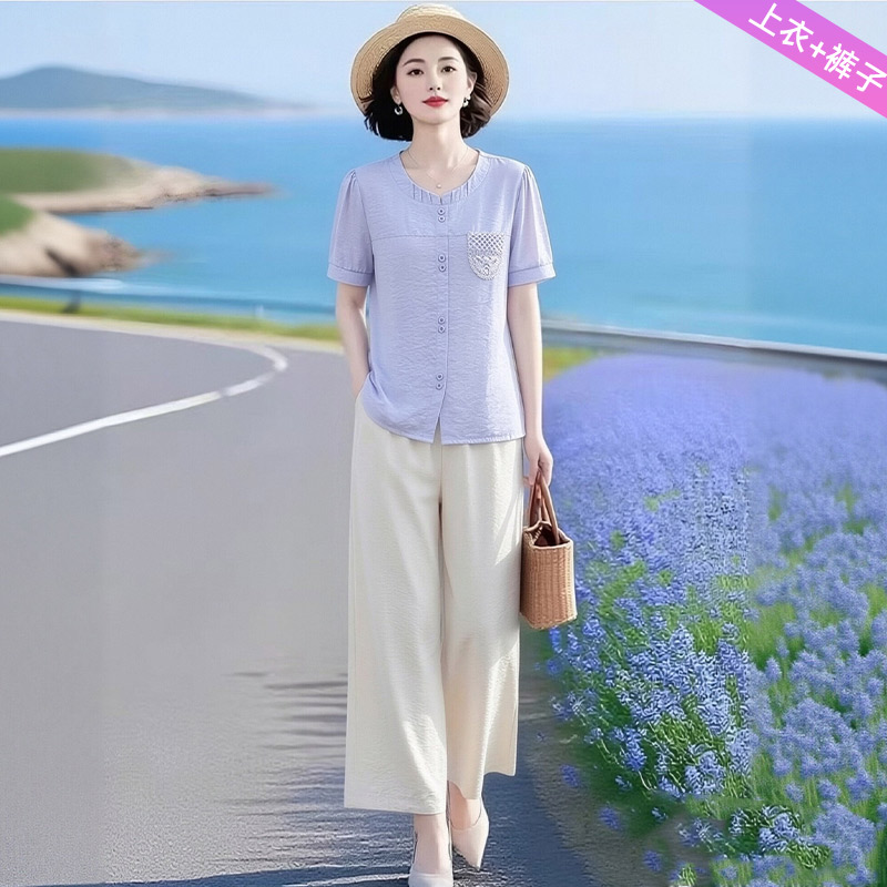 13427282.妈妈装圆领时尚T恤+裤子两件套装Q5DMZX3628