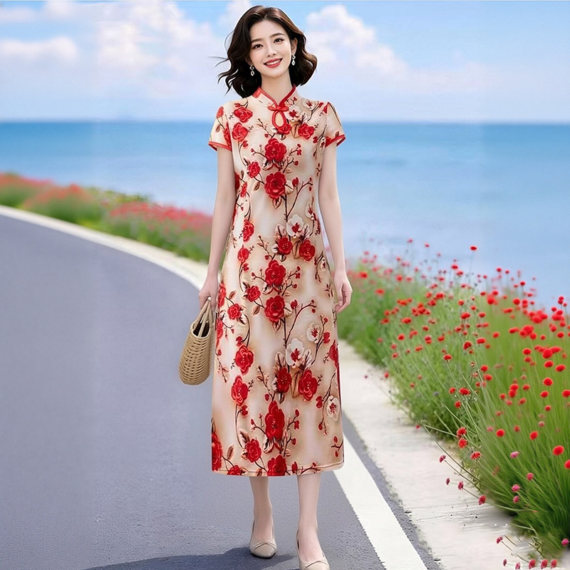 13427246.妈妈装国风旗袍领印花时尚优雅连衣裙Q5D512