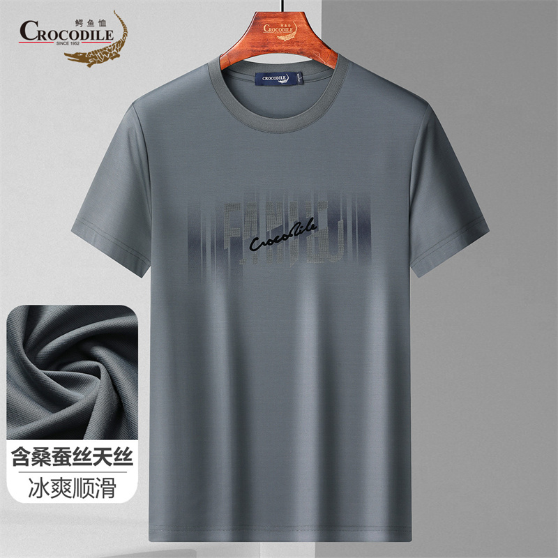 13430687.专柜断码夏季含桑蚕丝天丝材质舒适透气植绒工艺短袖T恤衫男