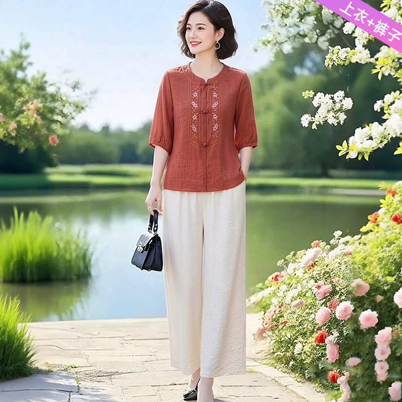 13429853.妈妈装国风刺绣衬衫+裤子两件套装B5DJLS2601