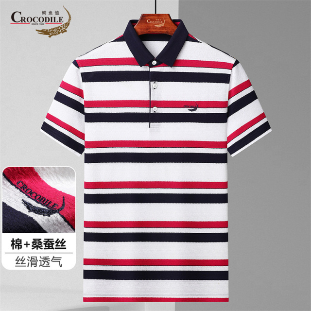 13432652.专柜断码【桑蚕丝棉混纺】夏季舒适条纹翻领短袖polo衫男