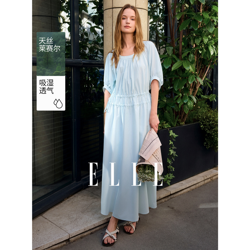 13431105.ELLE清新感泡泡袖A字裙女优雅气质抽绳收腰连衣裙