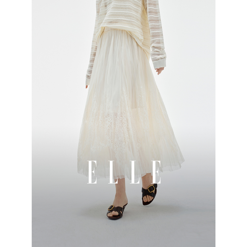 13431303.ELLE重工蕾丝网纱半身裙优雅气质压褶设计仙女裙