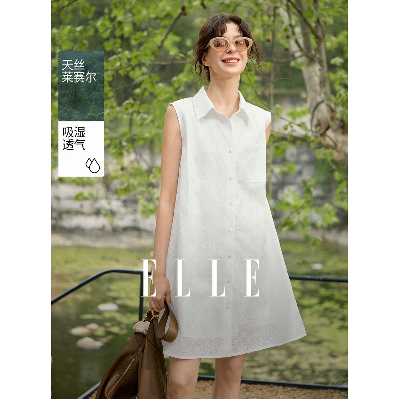 13436733.ELLE翻领开襟无袖衬衫裙都市通勤风侧片风琴褶设计