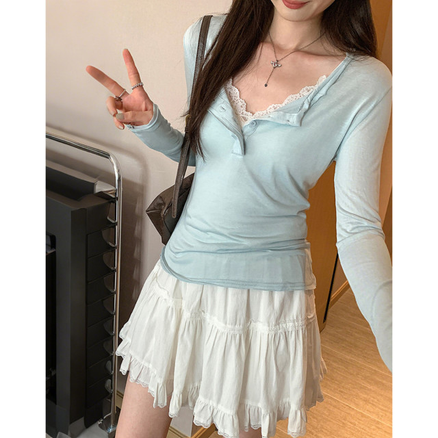 13451323.【云感肌底】夏季韩系甜美半开领长袖弹力收腰显瘦小个子女式t恤