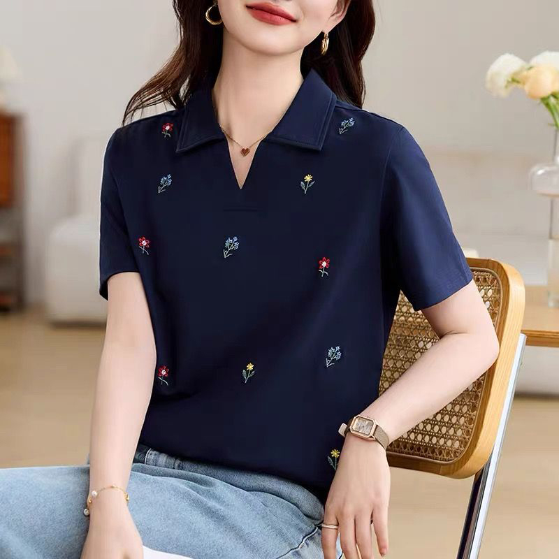 13460909.初云紫衣春夏装 女韩版百搭POLO领绣花T恤宽松显瘦短袖上衣0399
