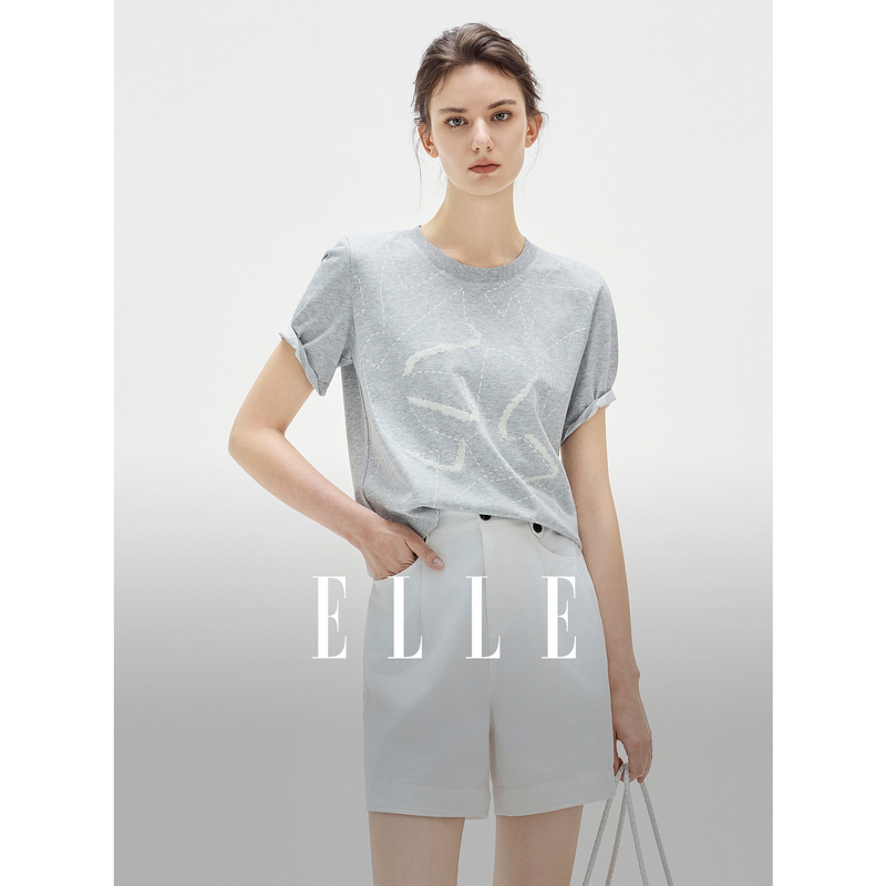 13436682.ELLE几何印花设计女式T恤都市休闲风正肩圆领短袖