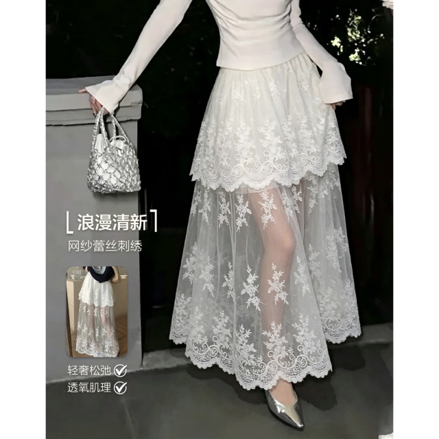 13451336.【蕾丝美学】夏季小清新网纱蕾丝刺绣松紧腰轻盈飘逸A字女半身裙
