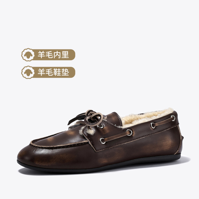 13436553.BellaLily2025冬新款复古小众加绒牛皮单鞋做旧一脚蹬软底乐福鞋