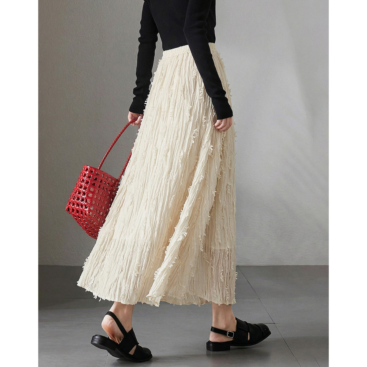 13451326.【云上舞白】夏季压绉肌理感流苏网纱裙轻薄飘逸A字半身裙女长款