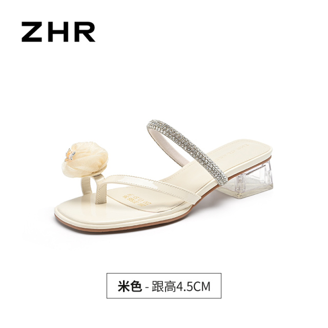 13844628.【ZHR则则】粗跟拖鞋方头套脚粗跟女鞋[PU+绒布]