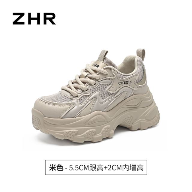 13440126.【ZHR则则】老爹鞋圆头系带厚底女鞋[PU+网布+PVC]