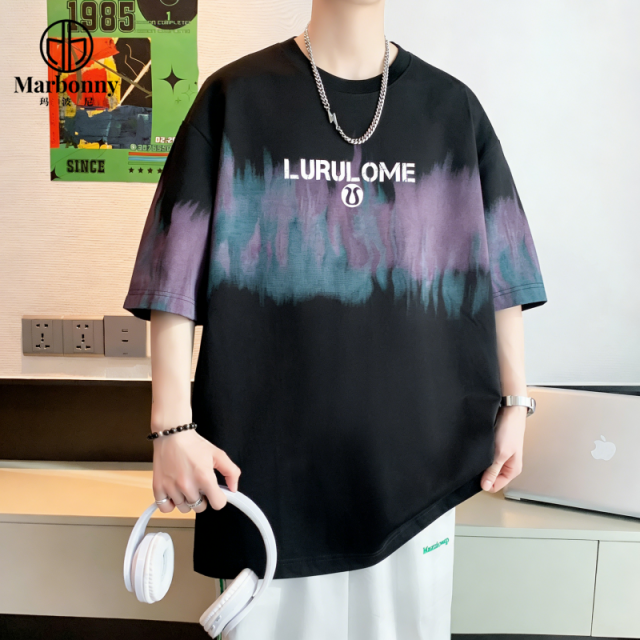 13438244.夏季潮流青少年港风学院圆领宽松T恤泼墨印花