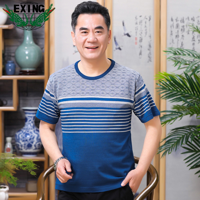 13441033.EXING中老年男士时尚休闲针织条纹T恤