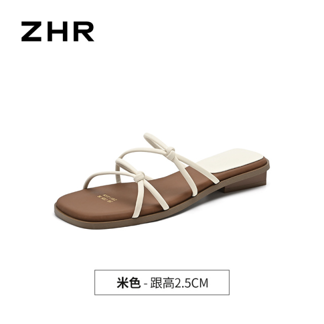 13439271.【ZHR则则】粗跟拖鞋方头套脚平底女鞋[米色：PU；银色：TPU]