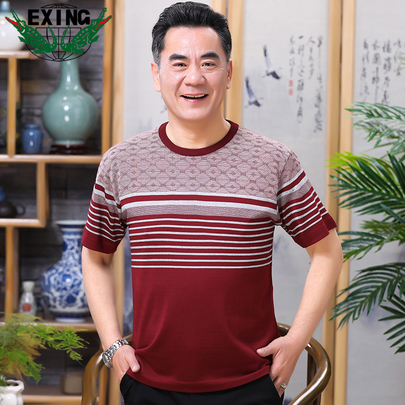 13441033.EXING中老年男士时尚休闲针织条纹T恤