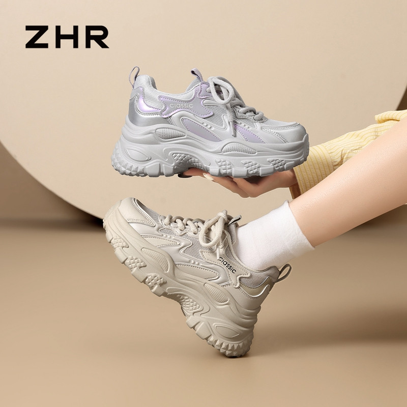 13440126.【ZHR则则】老爹鞋圆头系带厚底女鞋[PU+网布+PVC]