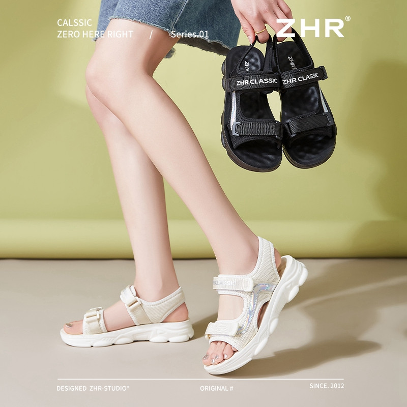 13439254.【ZHR则则】运动凉鞋露趾魔术贴厚底女鞋[网布+织带+PU]