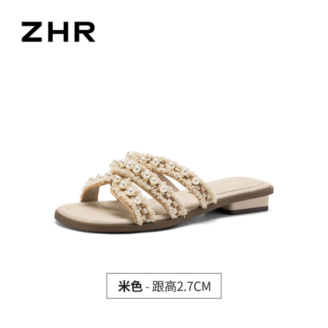13439282.【ZHR则则】平底拖鞋方头套脚平底女鞋[绒布+PU（珍珠绒布下）]