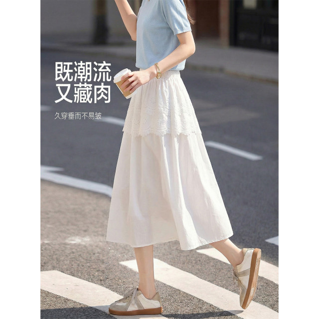 13451307.【全棉府绸】夏季文艺清新蕾丝装饰松紧腰气质A字半身裙女中长款