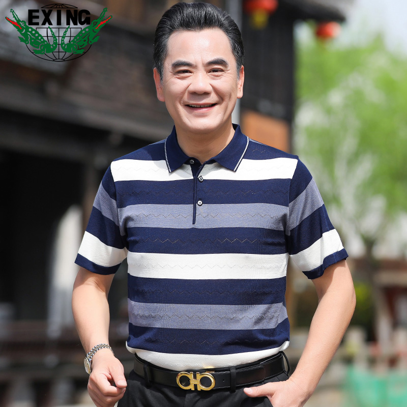 13441050.EXING中老年男士时尚休闲针织条纹POLO衫R78