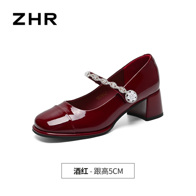 13628542.【ZHR则则】粗跟玛丽珍鞋圆头水钻魔术贴粗跟女鞋[镜面PU]