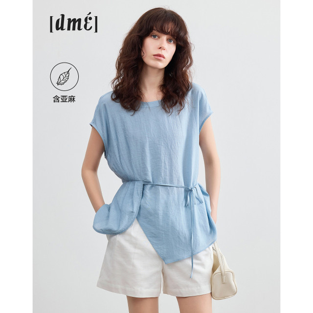 13451291.【含自然亚麻】夏季呼吸感圆领衬衫不规则A摆宽松气质衬衣女上衣