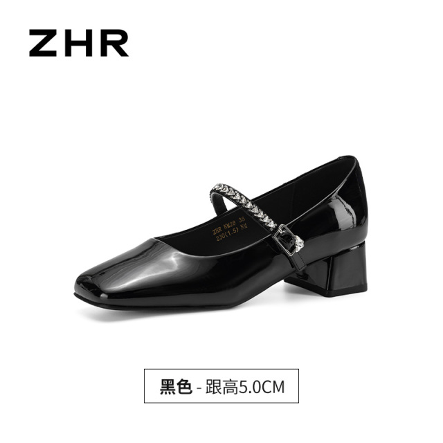 13439263.【ZHR则则】粗跟玛丽珍鞋方头套脚粗跟女鞋[猪皮软垫]