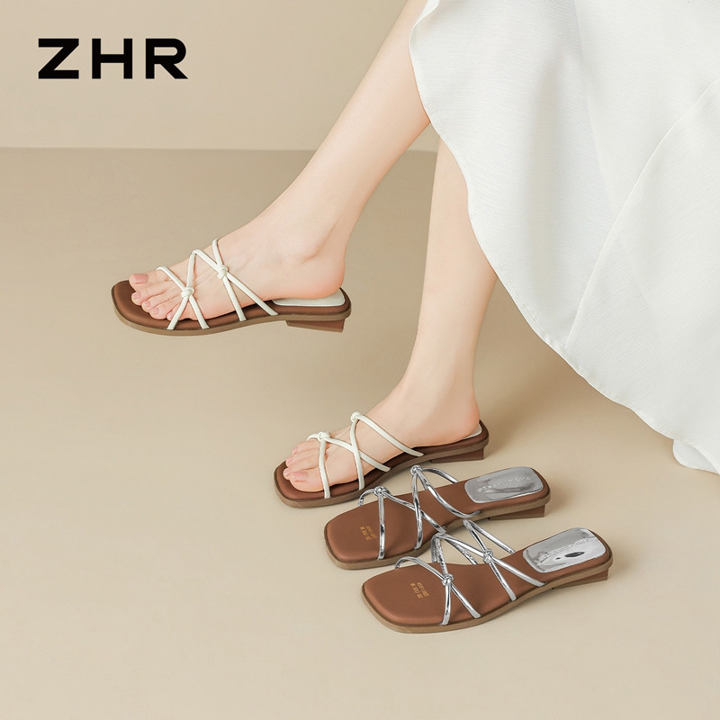 13439271.【ZHR则则】粗跟拖鞋方头套脚平底女鞋[米色：PU；银色：TPU]