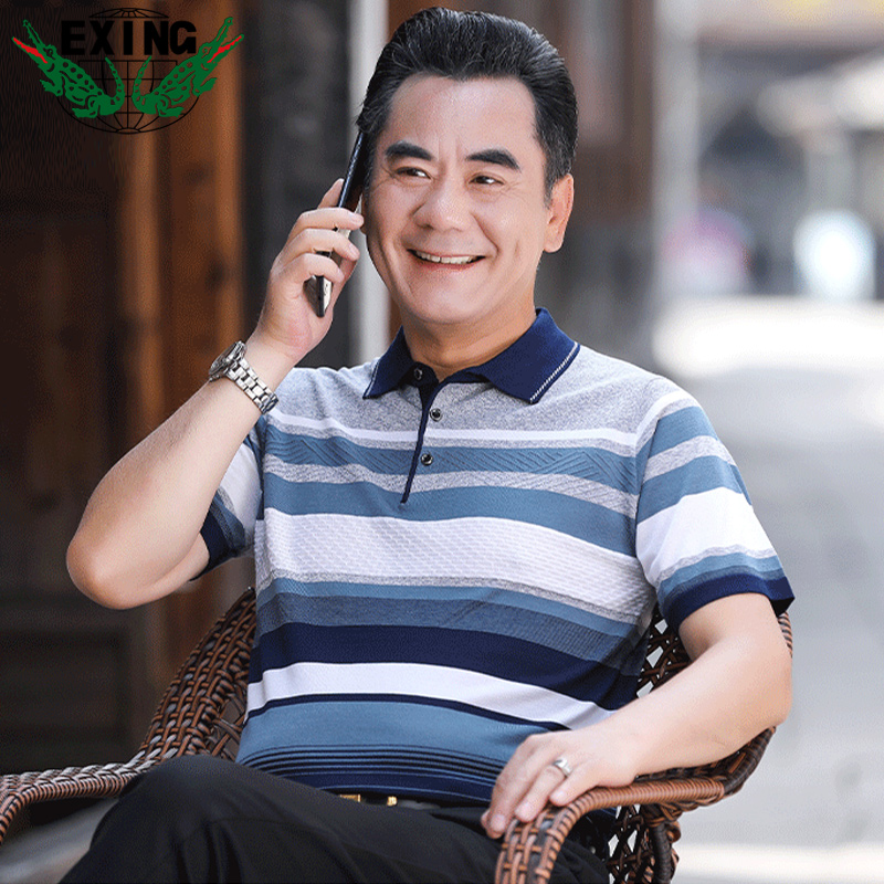 13441048.EXING中老年男士时尚休闲针织条纹POLO衫R74