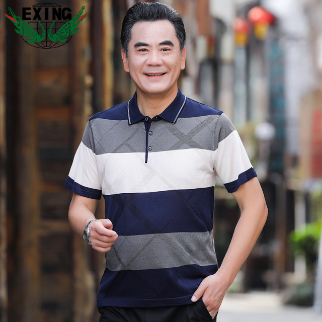 13441030.EXING中老年男士时尚休闲针织条纹POLO衫R80