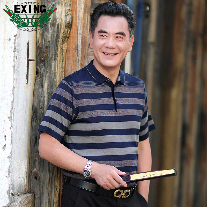 13441046.EXING中老年男士时尚休闲针织条纹POLO衫R97