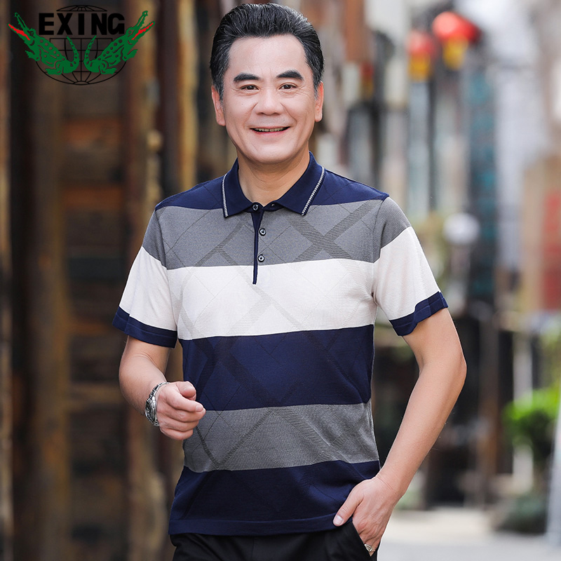 13441030.EXING中老年男士时尚休闲针织条纹POLO衫R80