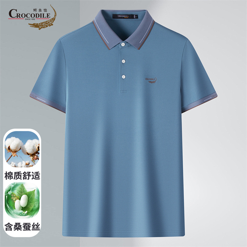 13440446.鳄鱼恤含桑蚕丝夏季珠地面料简约商务男式短袖polo衫男