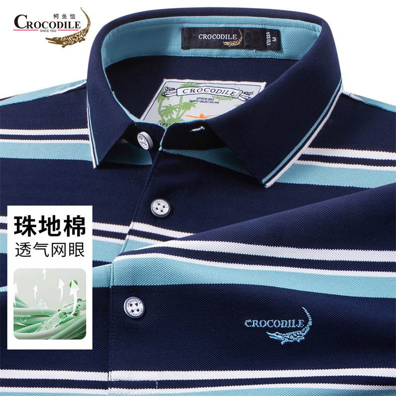 13440494.鳄鱼恤条纹珠地棉夏季休闲百搭男式短袖polo衫男