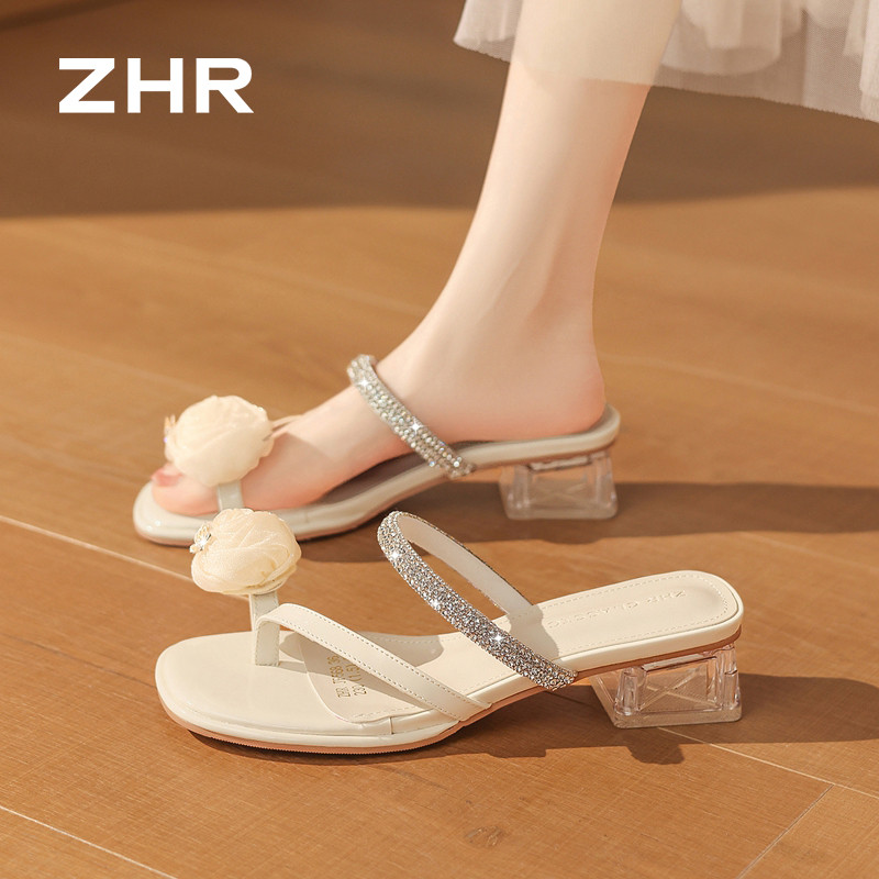 13844628.【ZHR则则】粗跟拖鞋方头套脚粗跟女鞋[PU+绒布]